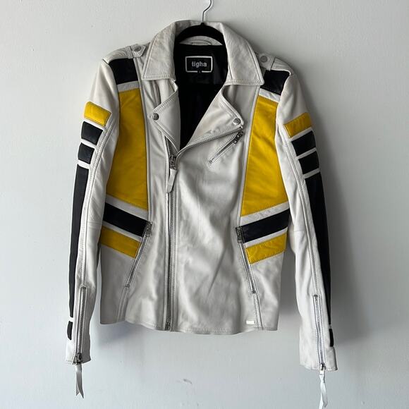 Tigha Leather Biker Jacket in White Yellow Black - Picture 2 of 16